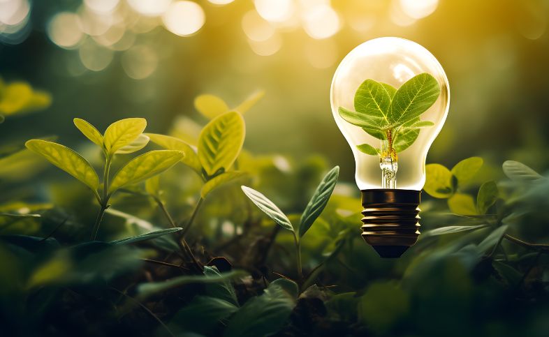 Green leaves surrounding a lightbulb with leaves growing within it.