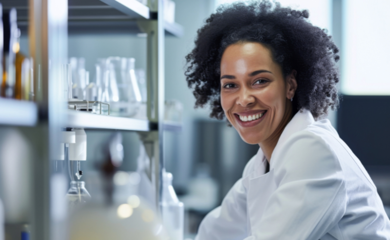 Researcher sat in lab, smiling at camera