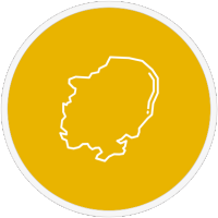 Our purpose: A yellow circle with a white outline of the East of England in the centre.