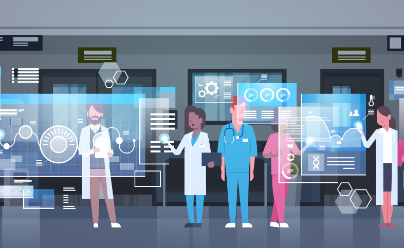 SDE project image - cartoon researchers and clinicians looking at data screens