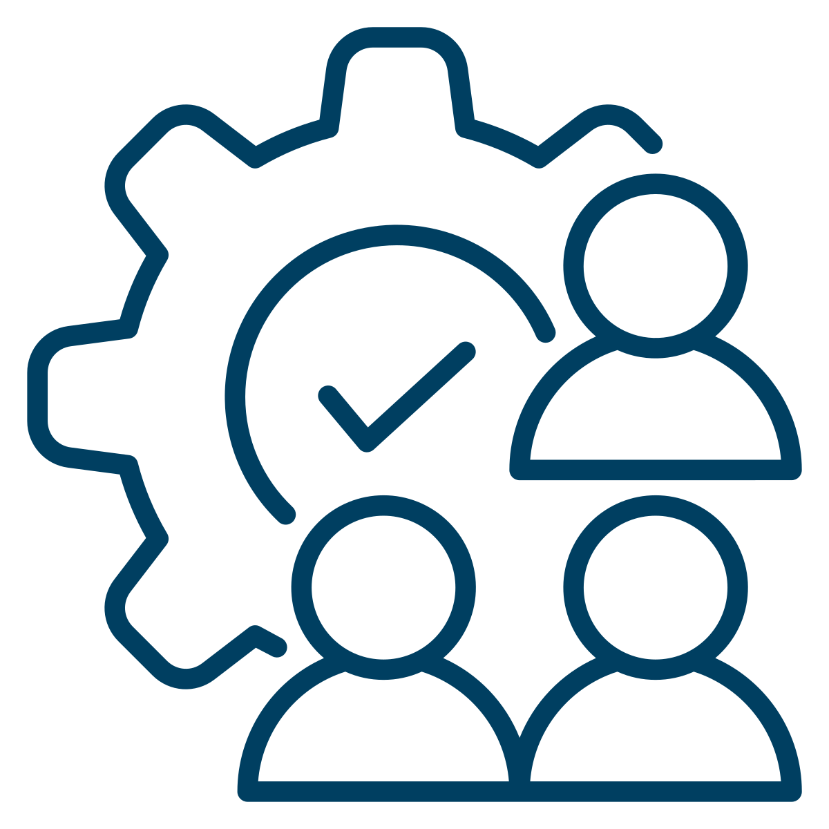 Governance icon- three people in front of a cog with a tick