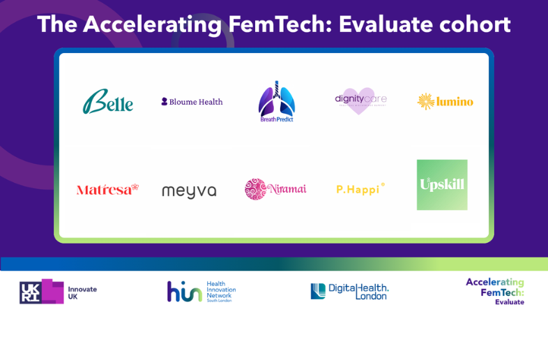 The Accelerating FemTech: Evaluate cohort Logos for cohort - Belle, Bloume Health, BreathPredict, Dignitycare, Lumino, Matresa, Meyva, Niramai, P.Happi, Upskill Logos for partners: Innovate UK, Health Innovation Network South London. Digital Health London, Accelerating FemTech: Evaluate