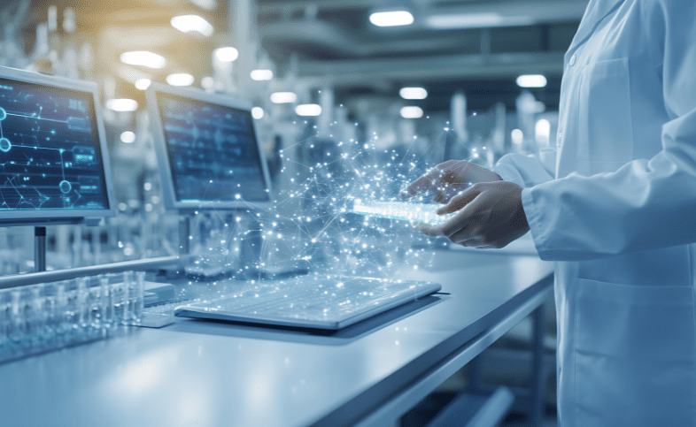 Scientist in lap coat holds digital device with light strands shining out of it