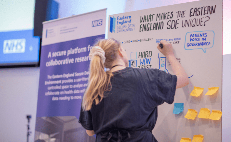Lady drawing take aways from the Eastern England Secure Data Environment event