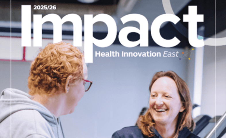 Impact 25-26 front cover. Michelle, cancer prehab patient and trainer Lisa look at one another smiling