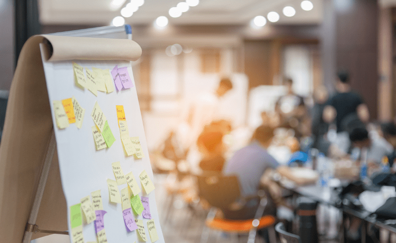 Flipchart with post it notes on it